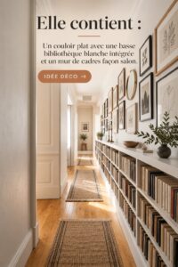 Un couloir lumineux avec une bibliothèque intégrée et des œuvres d'art accrochées au mur.