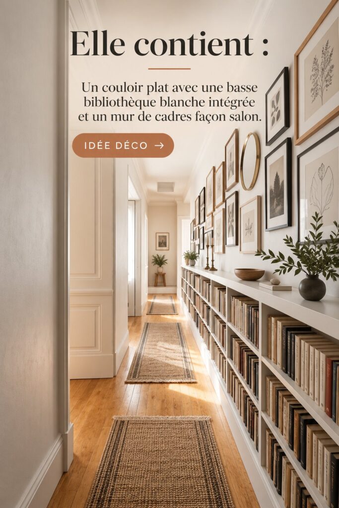 Un couloir lumineux avec une bibliothèque intégrée et des œuvres d'art accrochées au mur.