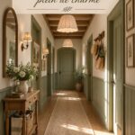 Un couloir décoré dans un style cottage anglais, avec des murs clairs et des accessoires en bois.