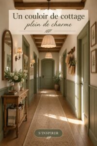 Un couloir décoré dans un style cottage anglais, avec des murs clairs et des accessoires en bois.