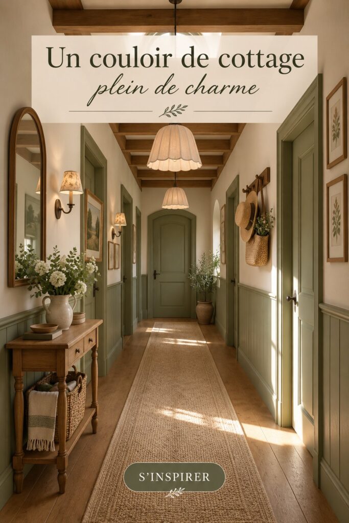 Un couloir décoré dans un style cottage anglais, avec des murs clairs et des accessoires en bois.