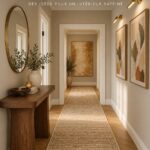 Couloir élégant et moderne décoré en taupe avec art et meubles