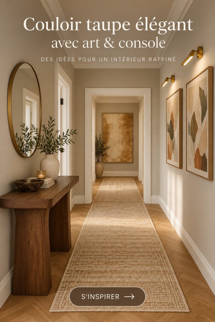 Couloir élégant et moderne décoré en taupe avec art et meubles