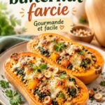 Une courge butternut farcie appétissante, prête à être servie.