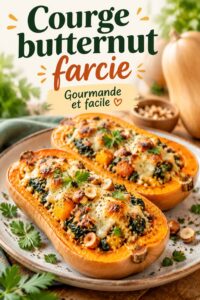 Une courge butternut farcie appétissante, prête à être servie.