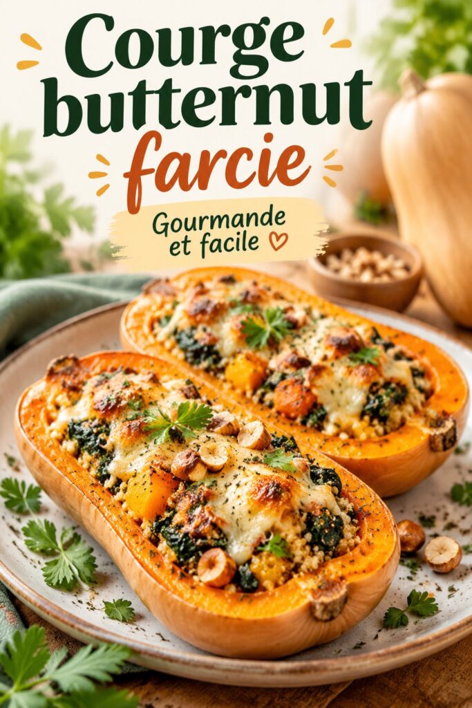 Une courge butternut farcie appétissante, prête à être servie.