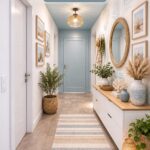 Entrée décorée en bleu clair avec des éléments minimalistes