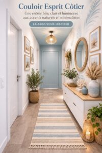 Entrée décorée en bleu clair avec des éléments minimalistes
