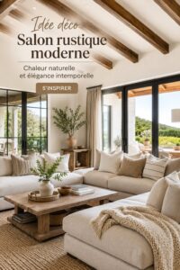 Salon moderne rustique avec des éléments en bois et des couleurs chaudes