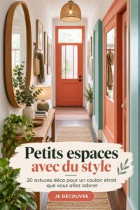 Un couloir étroit joliment décoré avec des couleurs claires et des éléments fonctionnels.
