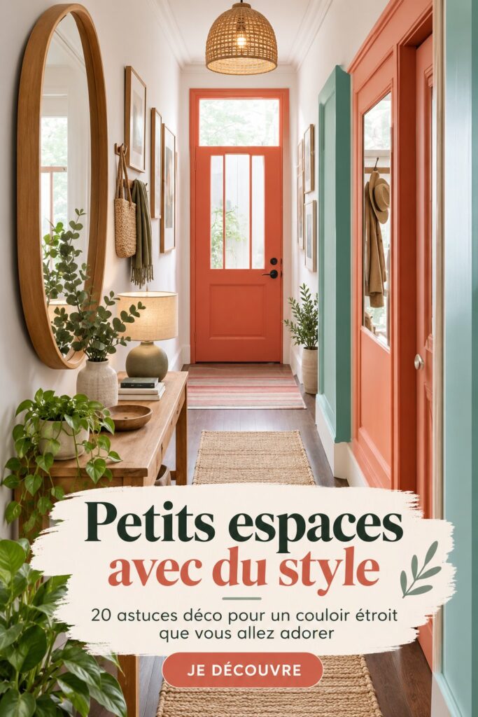 Un couloir étroit joliment décoré avec des couleurs claires et des éléments fonctionnels.