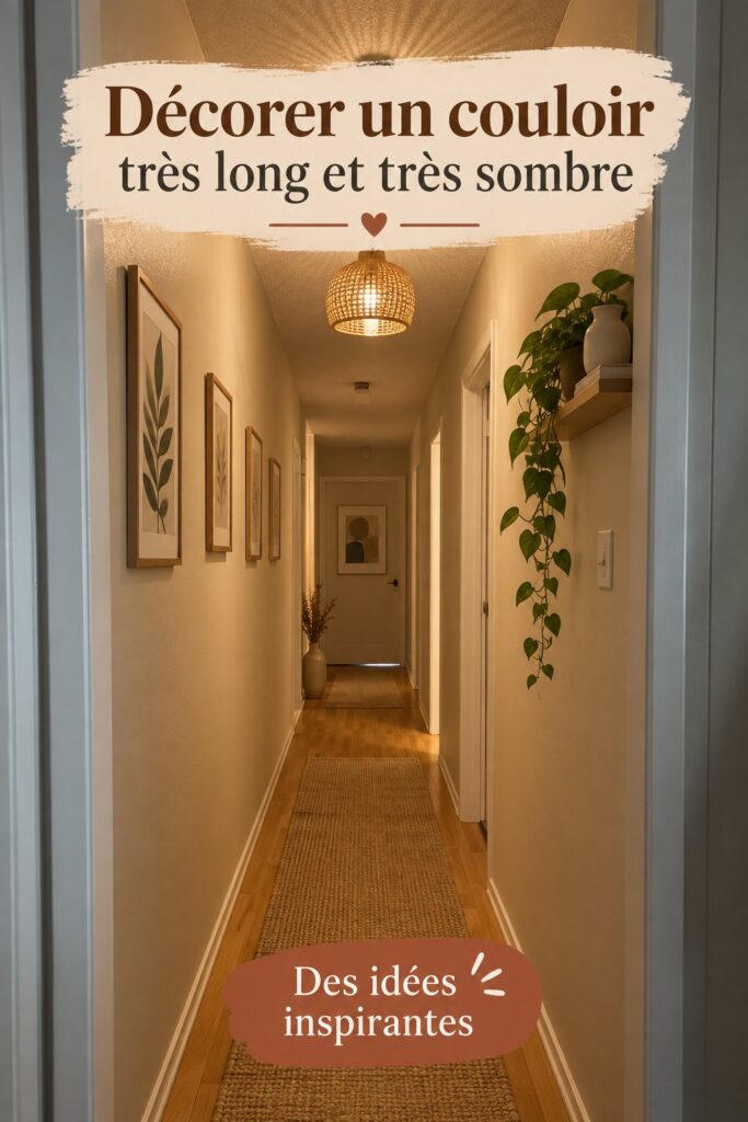 Un couloir sombre avec des éléments décoratifs clairs et lumineux.