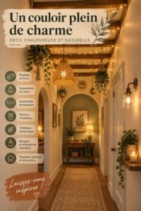 Entrée de camping décorée avec des lumières suspendues et des plantes pour une ambiance chaleureuse