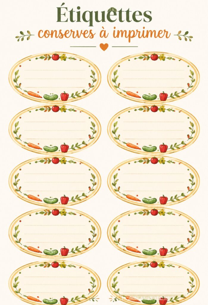 Étiquettes de conserves personnalisées prêtes à imprimer sur une table en bois.