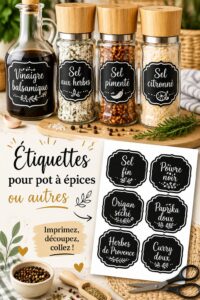 Étiquettes personnalisées sur des pots à épices en verre dans une cuisine.