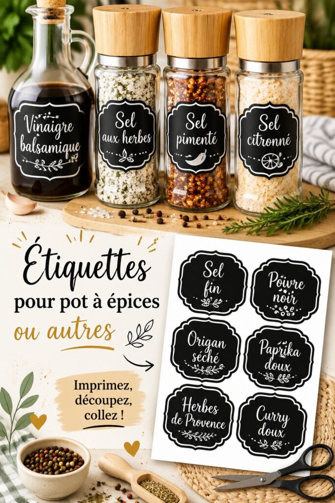 Étiquettes personnalisées sur des pots à épices en verre dans une cuisine.