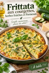 Frittata aux courgettes, herbes fraîches et Parmesan, prête à être dégustée dans un cadre de camping.