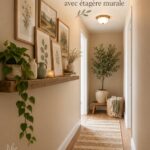 Un couloir décoré avec des motifs doux et des lumières chaleureuses, créant une ambiance accueillante.
