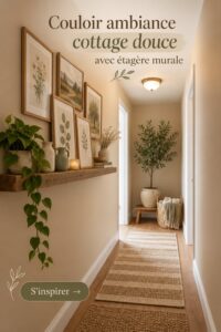 Un couloir décoré avec des motifs doux et des lumières chaleureuses, créant une ambiance accueillante.
