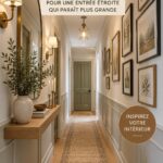 Aménagement pratique d'un couloir étroit avec des rangements modernes et une décoration harmonieuse.