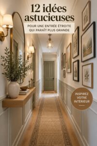 Aménagement pratique d'un couloir étroit avec des rangements modernes et une décoration harmonieuse.