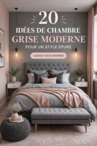 Chambre moderne décorée en gris avec des touches de couleurs douces.