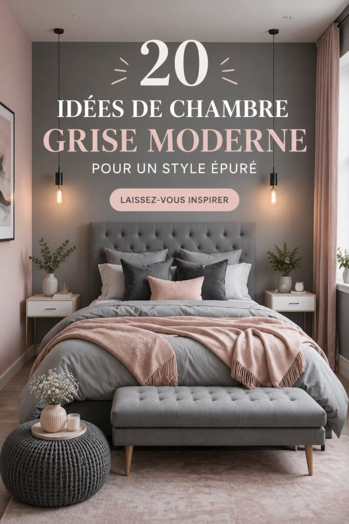 Chambre moderne décorée en gris avec des touches de couleurs douces.