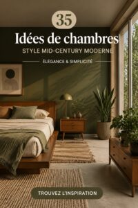 Chambre moderne au style mid-century avec des meubles aux lignes épurées et des couleurs chaudes