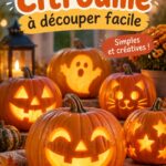 Scène de camping avec des enfants sculptant des citrouilles pendant Halloween