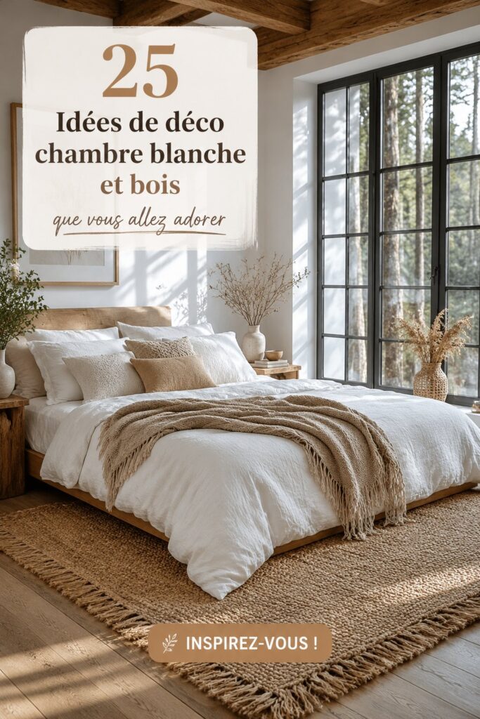 Une chambre lumineuse avec décoration blanche et bois, offrant une atmosphère paisible.