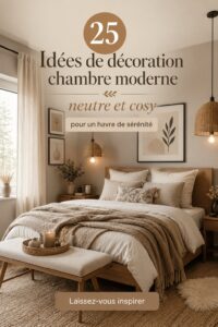 Chambre moderne aux couleurs neutres, décorée avec goût pour un espace cozy.