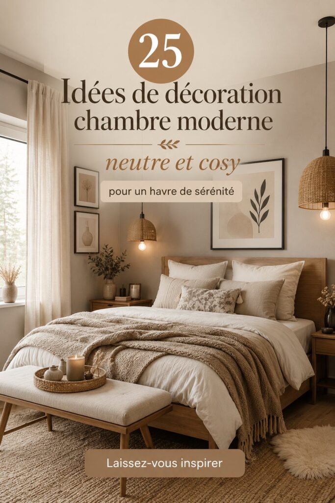 Chambre moderne aux couleurs neutres, décorée avec goût pour un espace cozy.