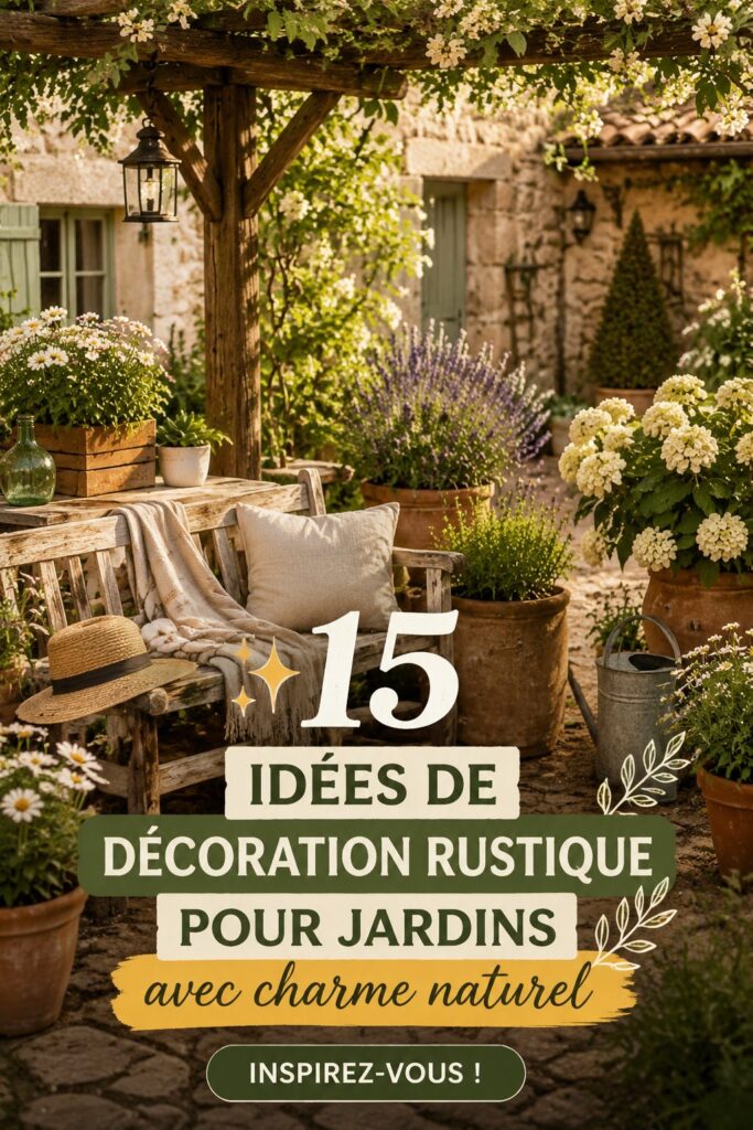 Un jardin décoré avec des éléments rustiques, incluant des bancs en bois et des lanternes anciennes