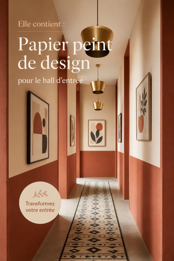 Un hall d'entrée avec un papier peint floral moderne, créant une ambiance chaleureuse.