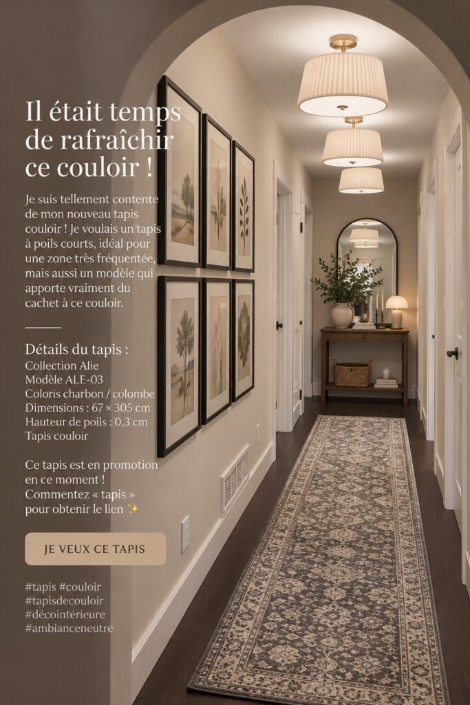 Un tapis stylé dans un couloir accueillant et bien décoré.
