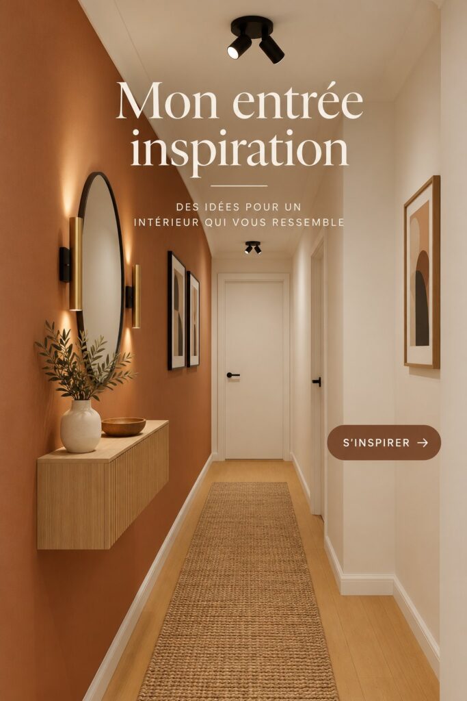 Couloir accueillant avec éléments décoratifs et fonctionnels.