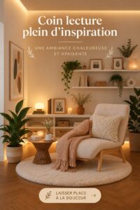 Un coin lecture chaleureux avec un fauteuil confortable et des étagères remplies de livres.