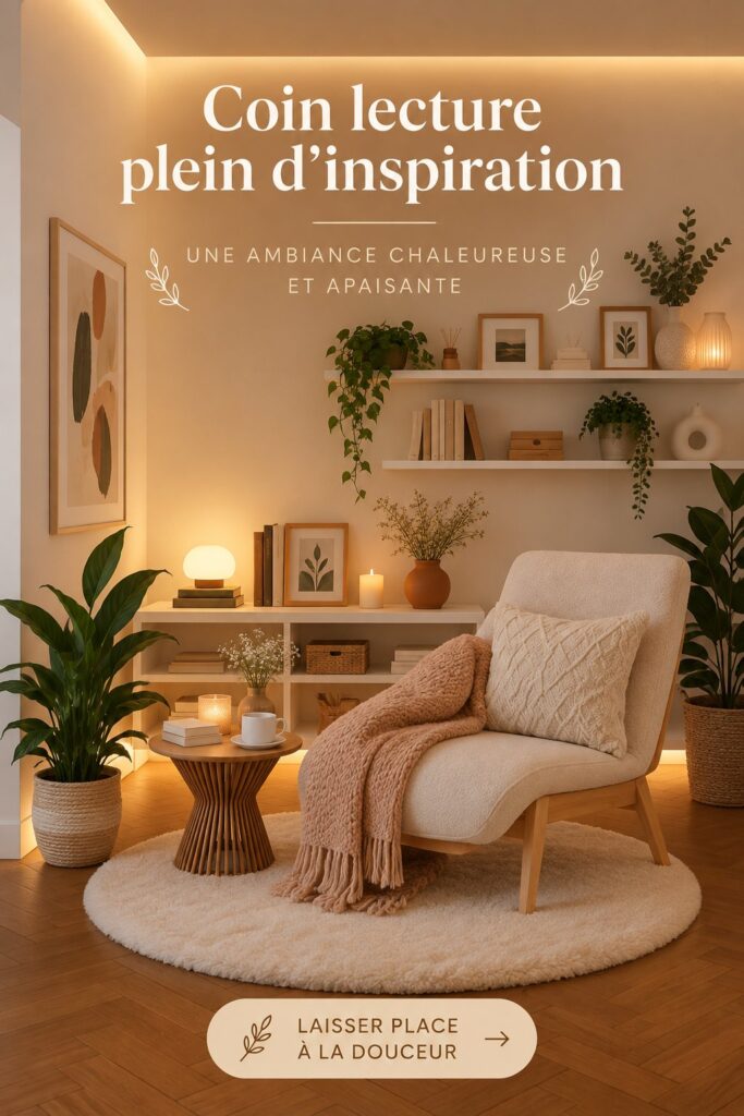 Un coin lecture chaleureux avec un fauteuil confortable et des étagères remplies de livres.