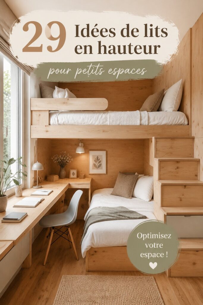 Un lit loft moderne dans une petite chambre bien décorée, optimisant l'espace.