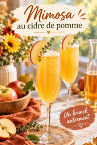Un mimosa au cidre de pomme servi dans un verre élégant avec une tranche de pomme en garniture