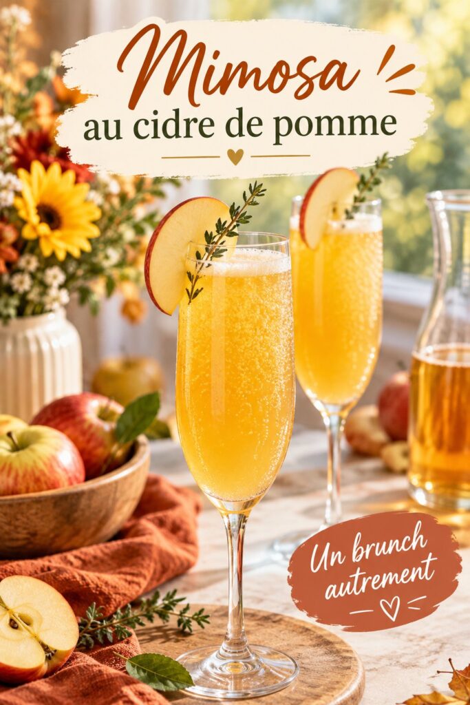 Un mimosa au cidre de pomme servi dans un verre élégant avec une tranche de pomme en garniture