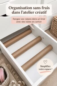 Un atelier créatif bien organisé avec des rubans rangés dans des tubes en carton.