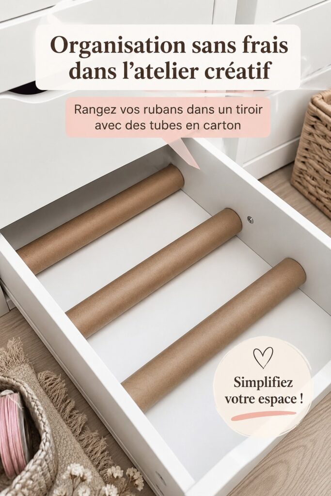 Un atelier créatif bien organisé avec des rubans rangés dans des tubes en carton.