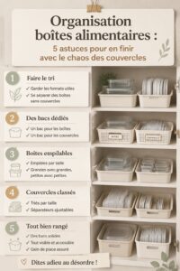 Cuisine bien ordonnée avec des boîtes alimentaires rangées, mettant en valeur l'organisation.