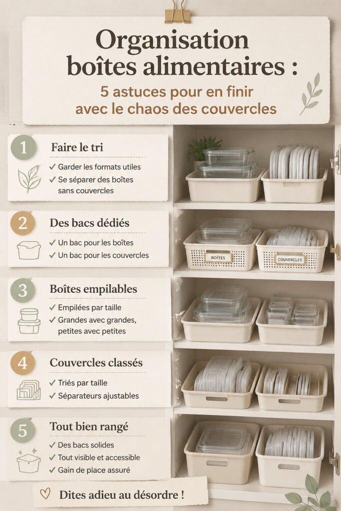 Cuisine bien ordonnée avec des boîtes alimentaires rangées, mettant en valeur l'organisation.