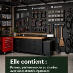Mur de rangement organisé avec des outils et du matériel de camping