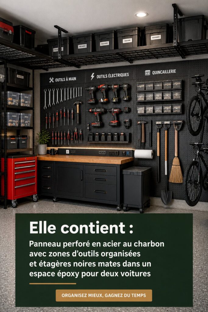Mur de rangement organisé avec des outils et du matériel de camping