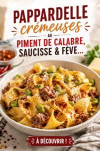 Assiette de pappardelle crémeuses avec saucisse et piment de Calabre, garnie de parmesan.
