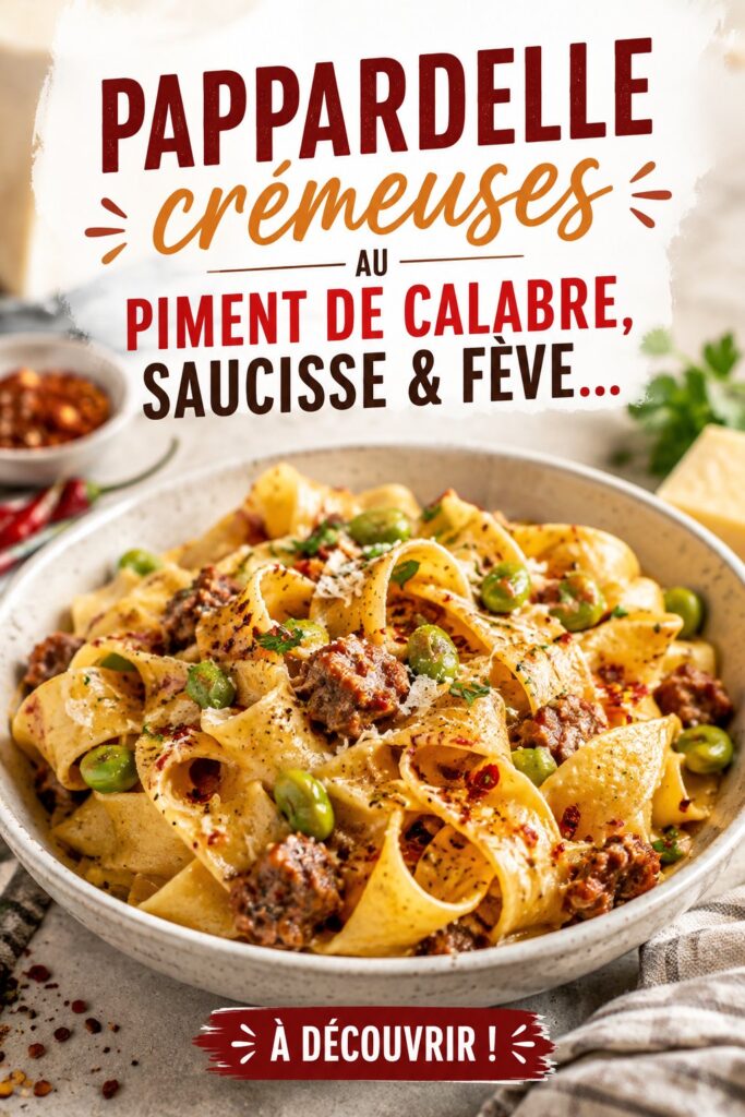 Assiette de pappardelle crémeuses avec saucisse et piment de Calabre, garnie de parmesan.