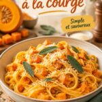 Plat de pâtes à la courge organisé sur une table en camping.